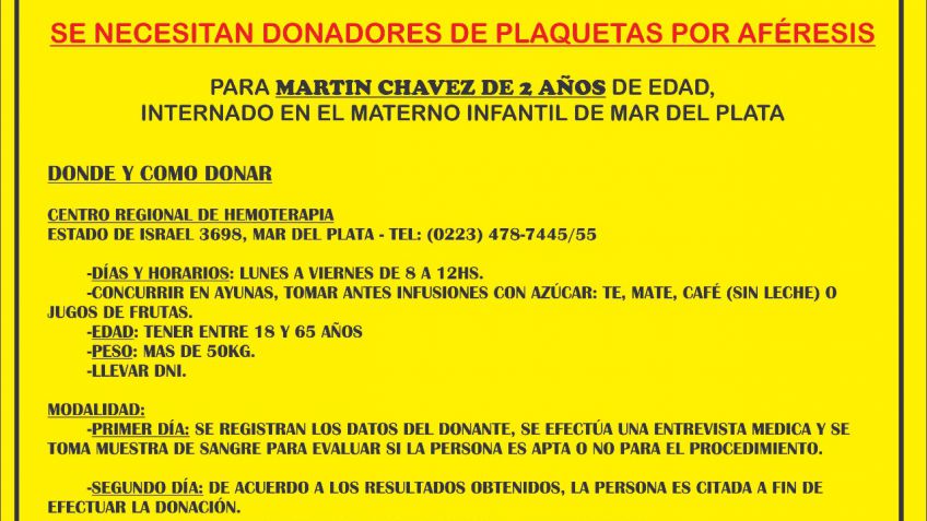 Se necesitan donadores de plaquetas por aféresis para niño de 2 años