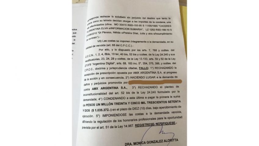 Extracto de la sentencia de primera instancia del Juzgado Civil y Comercial Nº 3 de Tandil.