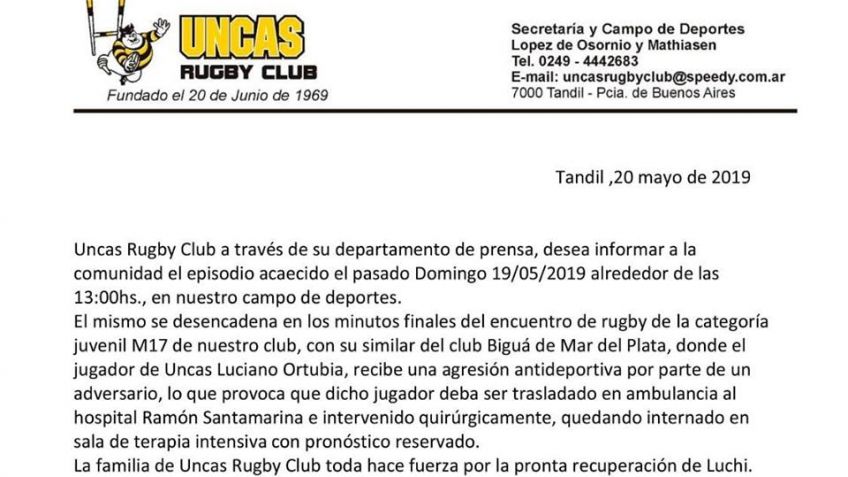 Uncas lanzó un comunicado sobre el rugbier del club lesionado