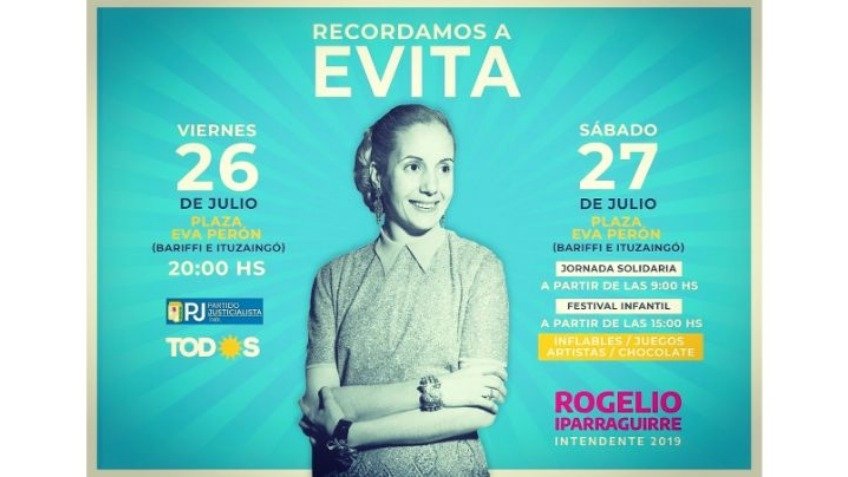 El Frente de Todos y el Partido Justicialista recordarán a Eva Perón