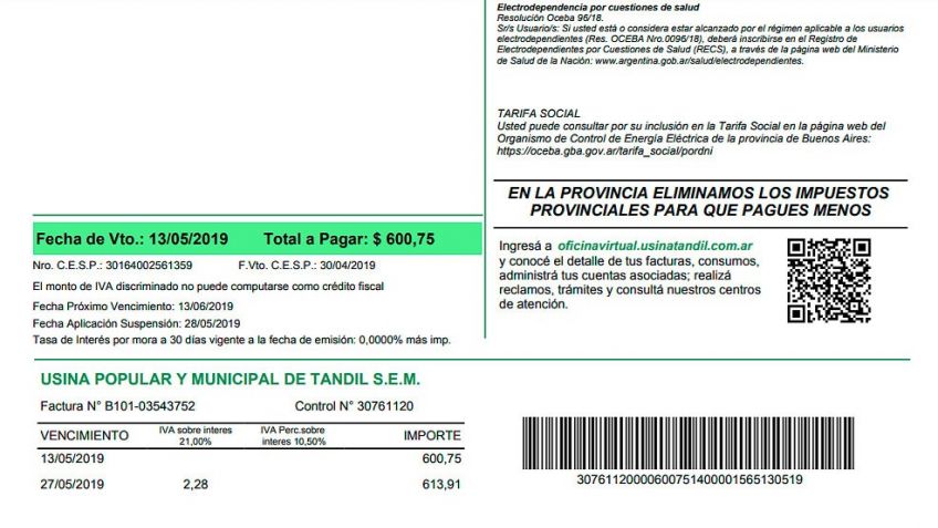 Nuevo formato en la factura de la Usina