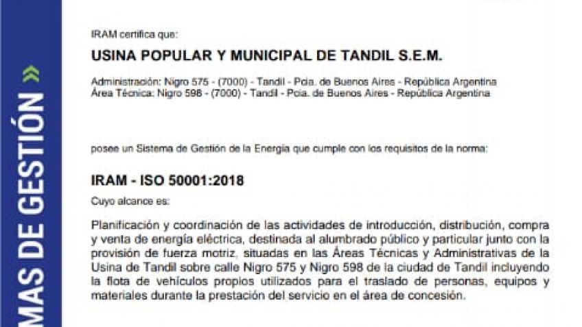 La Usina de Tandil certificó nueva norma de gestión por su eficiencia energética