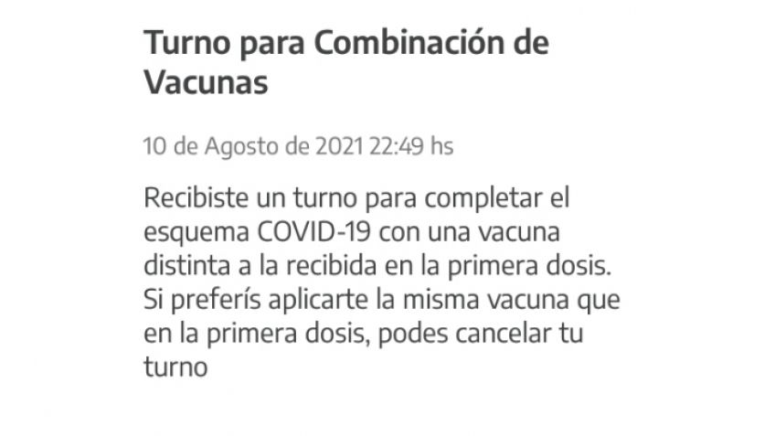 Con el turno, se aclara que la vacuna será "combinada" para quienes recibieron Sputnik V