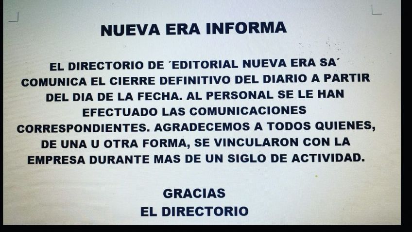 El diario Nueva Era anunció su cierre definitivo