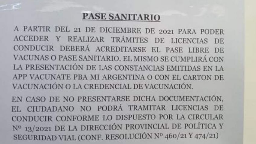 Desde el martes 21 se deberá presentar el Pase Sanitario para renovar el carnet de conducir