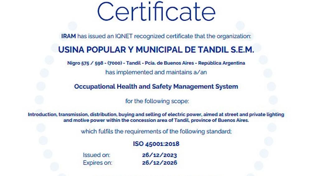 La Usina de Tandil certifica estándares internacionales de Seguridad y Salud Laboral