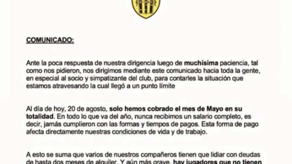 El plantel de Santamarina denunció que atraviesan una crítica situación económica